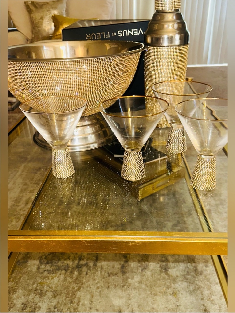 Gold Crystal-Embellished Martini Glasses and Champagne Bucket Set